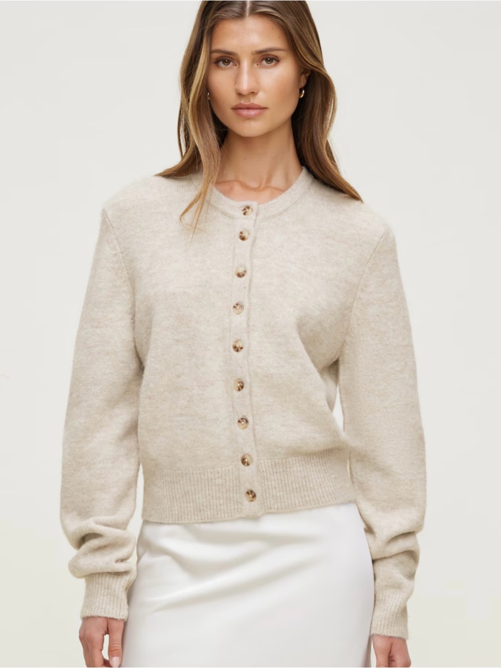 Dynamite Beige Solid Knit Crew Neck Button Front Long Sleeve Cardigan XS